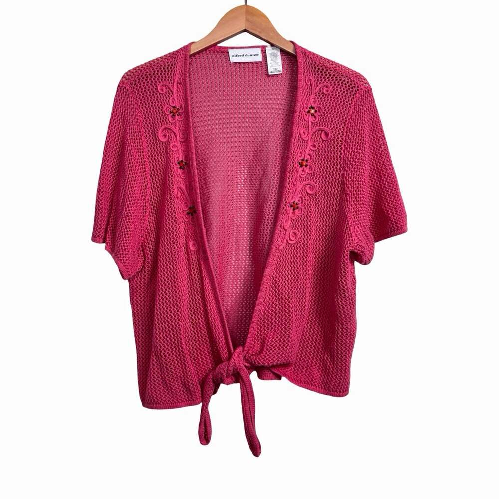 Women’s Alfred Dunner Pink Open-Knit Short Sleeve Tie Front Cardigan XL